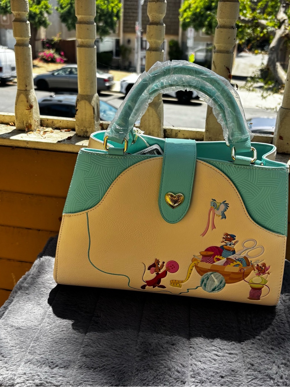 Loungefly Cream and Mint Top-Handle Satchel with Sewing Print